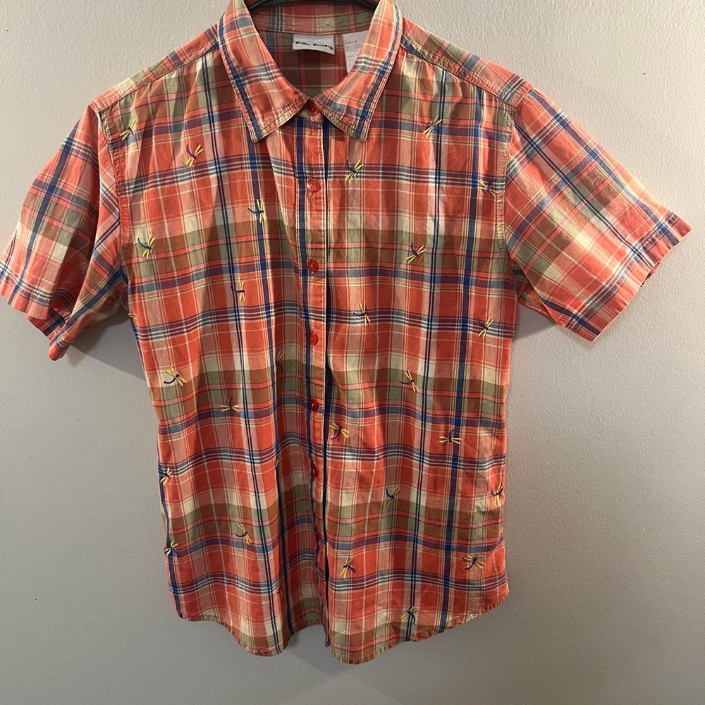 Bobbie Brooks Women's Plaid Button Down Shirt - Coral and Olive